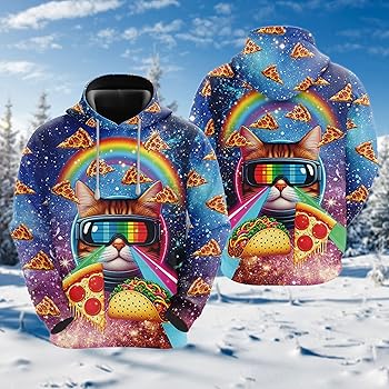 V-DECORPARKS Men's Pizza Cat Fleece Hooded Sweatshirt - 3D
